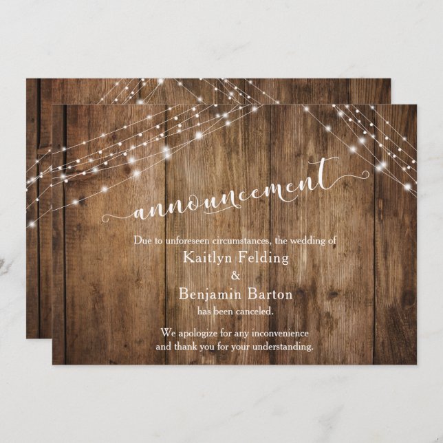 Anúncio de Casamento Cancelado Rustic Wood & Light (Frente/Verso)