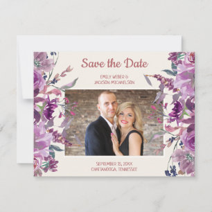 Anúncio de casamento creme floral roxo para data d
