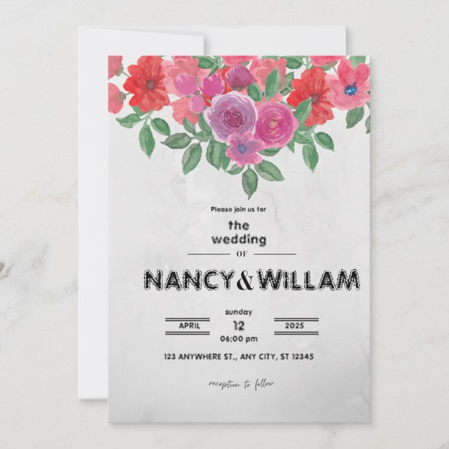 Anúncio de Casamento de Flores Cinzas e Vermelhas (Frente)