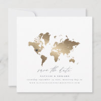 anúncio de casamento do mapa do mundo Dourado