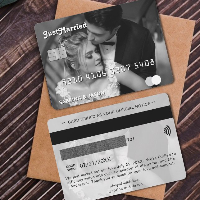 Anúncio de casamento do Recem casados de Cartão de (Credit Card Photo Just Married Wedding Announcement
)