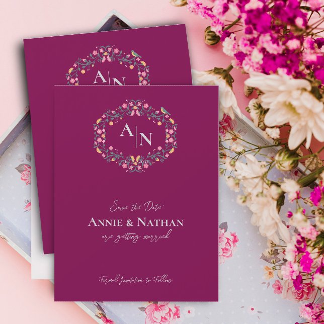 Anúncio de Casamento Floral de Intrato Vermelho Mo (Monogram Red Intricate Floral Wedding Announcement)