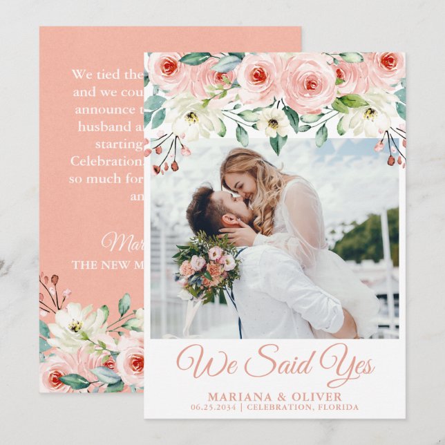 Anúncio de Casamento Peachy Floral Branco (Frente/Verso)