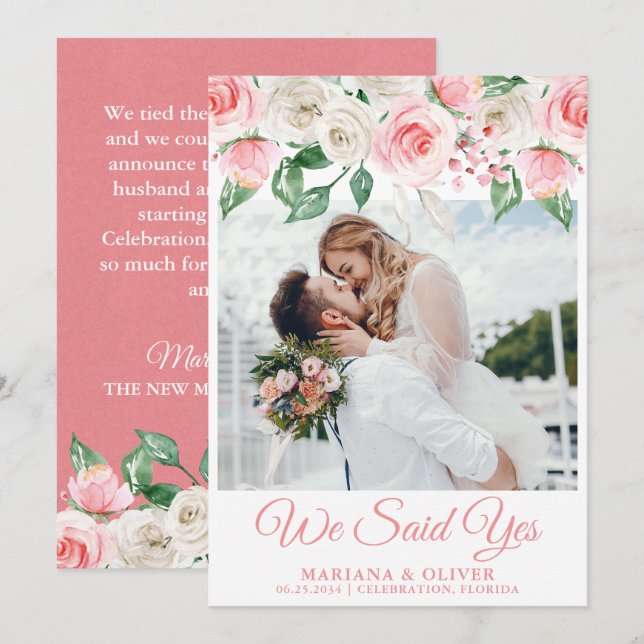Anúncio de Casamento Rosa Pêssego Branco Floral (Frente/Verso)