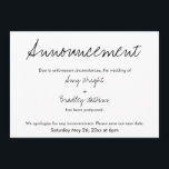 Anúncio de casamento simples e casual adiado<br><div class="desc">Aqui está um cartão simples para notificar seus convidados se for necessário mudar sua data de casamento. Use os campos modelo para adicionar seus detalhes pessoais e tornar este design único e moderno seu próprio. O fundo branco pode ser alterado para qualquer cor que você preferir. Todas as fontes e...</div>