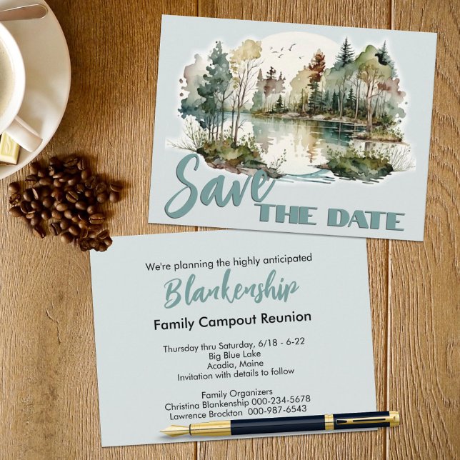 Anúncio de cenário à beira do lago para festa de r (This lakeside scene family reunion save the date announcement also serves as the invitation. )