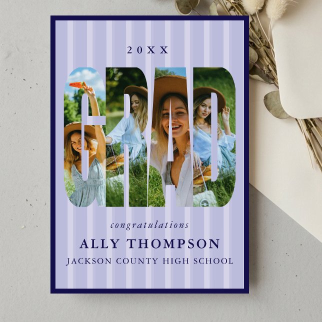 Anúncio de Conclusão de Curso com Faixa Roxa e Fot (Purple Classic Stripe Photo Graduation Announcement)