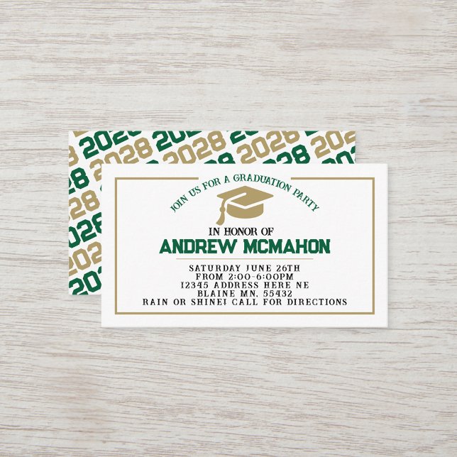 Anúncio de Convite para Graduação Verde e Dourada  (Green, White & Bronze Gold Mini Graduation Invites for Friends, Team Mates or as Inserts!)
