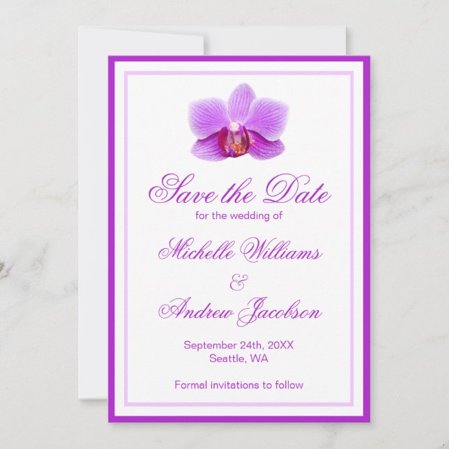 Anúncio de Data de Casamento com Orquídea Roxa Ele (Frente)