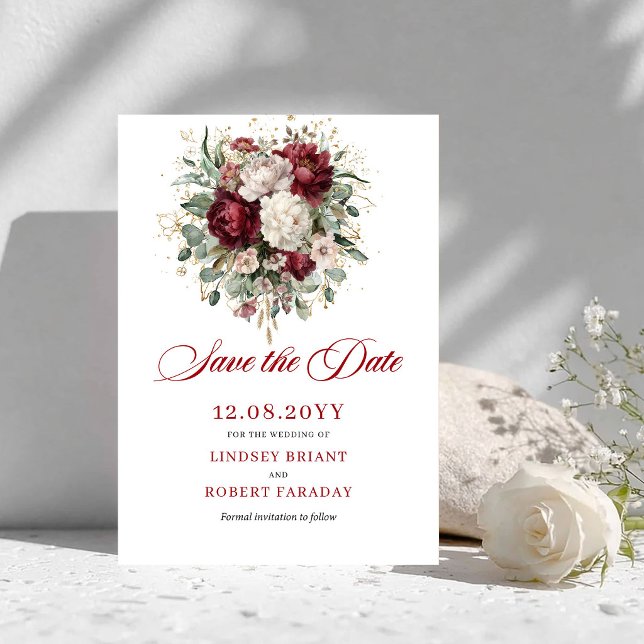 Anúncio de Data de Casamento Floral Borgonha Vinta (Vintage Blush Burgundy Floral Save The Date)