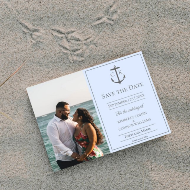 Anúncio de Data de Salvamento de Foto com Monogram (Blue Nautical Monogram Photo Save the Date)