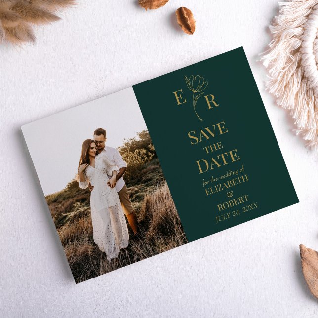 Anúncio de Data de Salvamento de Foto de Monograma (Emerald Green Floral Monogram Photo Save the Date Invitation on a neutral boho table.)