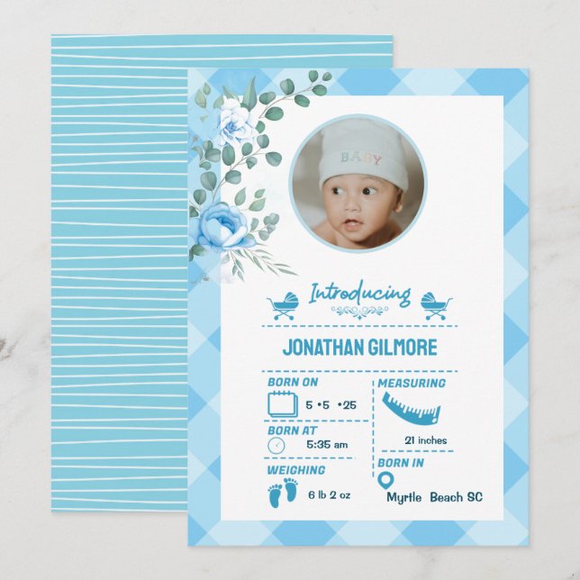 Anúncio de Estatísticas de Nascimento de Foto Azul (Frente/Verso)