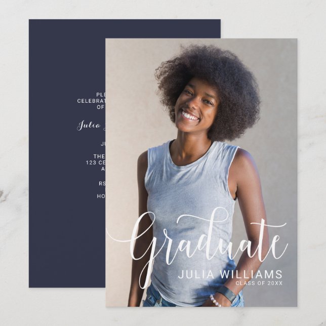 Anúncio de Festa de formatura de Foto Cursiva e Bo (Frente/Verso)