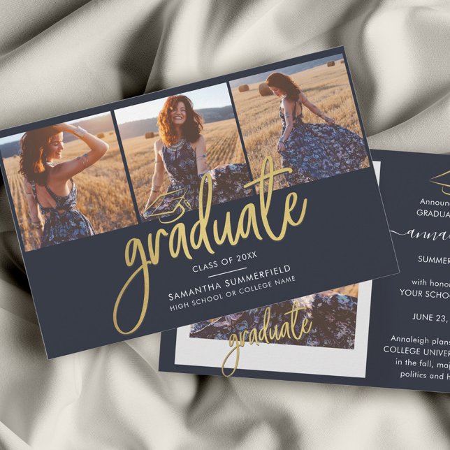 Anúncio de Formando de Colagem de Fotos para Gradu (Graduation 2024 Gold Foil Script Photo Collage Announcement)