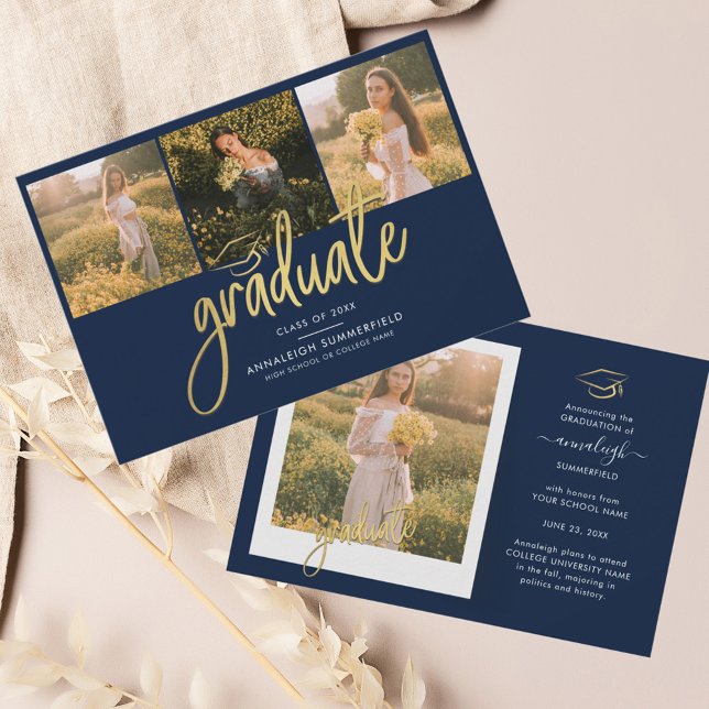 Anúncio de Formando de Colagem de Fotos para Gradu (Graduation 4 Photos Grad Navy Blue Announcement)