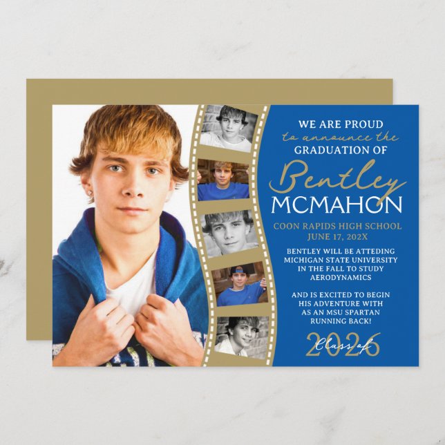 Anúncio de Formando de Fita de Foto Azul e Bronze (Frente/Verso)