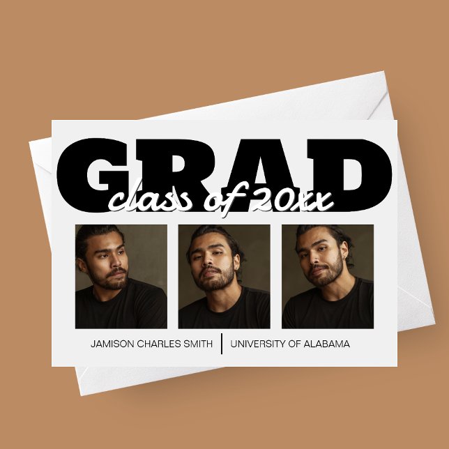 Anúncio de Formatura Bold Grad (Bold Grad, Graduation Announcement Card with Three Photos)