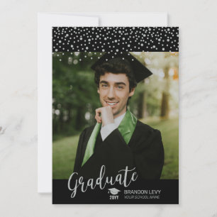Anúncio de Formatura com Confetes Prata e Preto