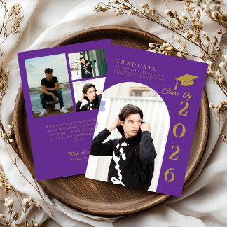 Anúncio de formatura com foto em roxo e dourado