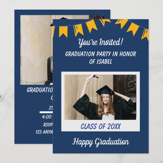 Anúncio de Formatura com Foto Moderno Azul Amarelo (Frente/Verso)