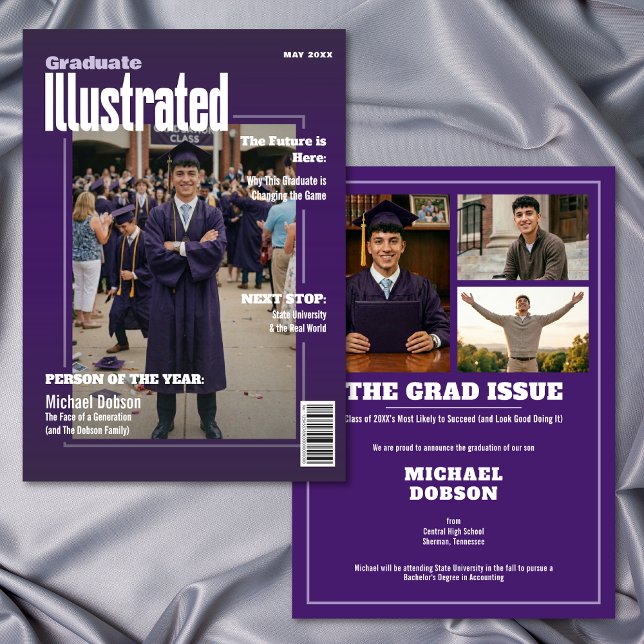 Anúncio de Formatura com Foto Roxa da Revista Four (Magazine Four Photo Purple Graduation Announcement)