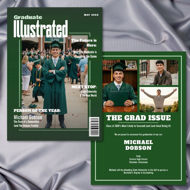 Anúncio de Formatura com Foto Verde da Revista Fou (Magazine Four Photo Green Graduation Announcement)