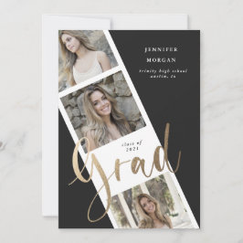 anúncio de formatura com três fotos em dourado