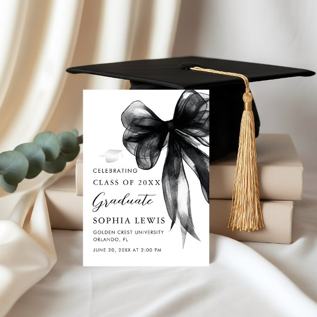 Anúncio de Formatura Coquete com Laço Preto Modern (Elegant Watercolor Black Bow Coquette Graduation Announcement card)