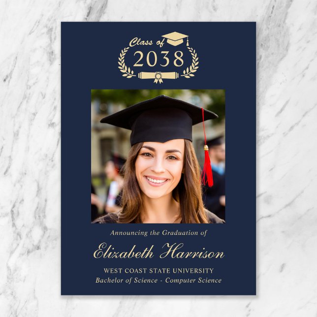 Anúncio de Formatura da Faculdade Classic Crest Az (Classic Crest Blue Gold Photo College Graduation Announcement)