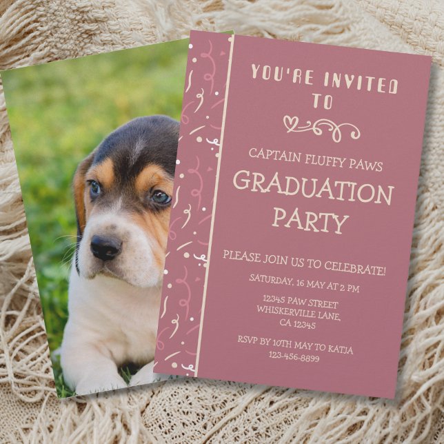 Anúncio de Formatura de Cachorro Champagne Dourado (Dog Graduation announcement and party invitation in rose gold and champagne and confetti)