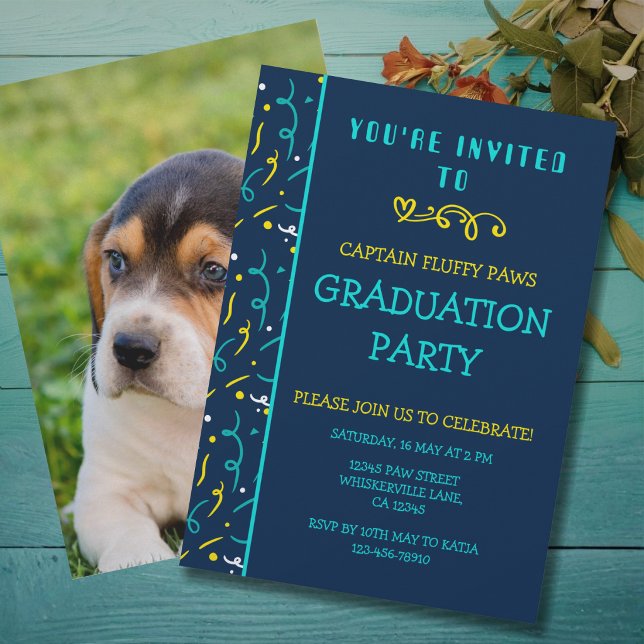 Anúncio de Formatura de Cachorro Confetes Azuis Co (Dog graduation Announcement in colorful yellow and blue with confetti)