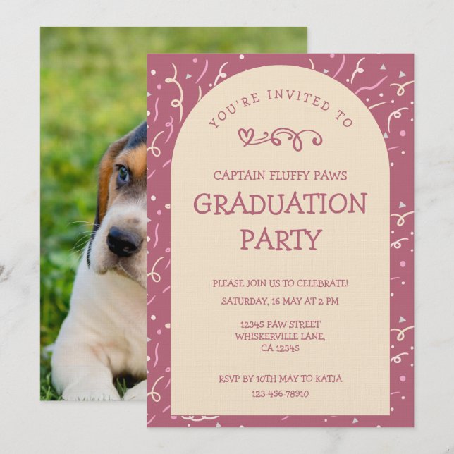 Anúncio de Formatura de Cachorro Dourado Rosa e Ch (Frente/Verso)