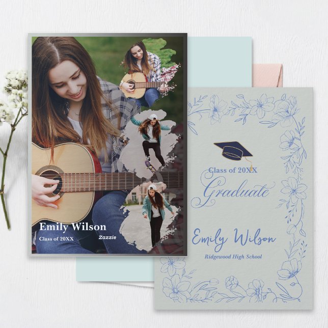 Anúncio de Formatura | Design de Foto Floral Azul (Class of 2026 Photo Graduation Announcement | Blue Floral Design | Print or Digital )