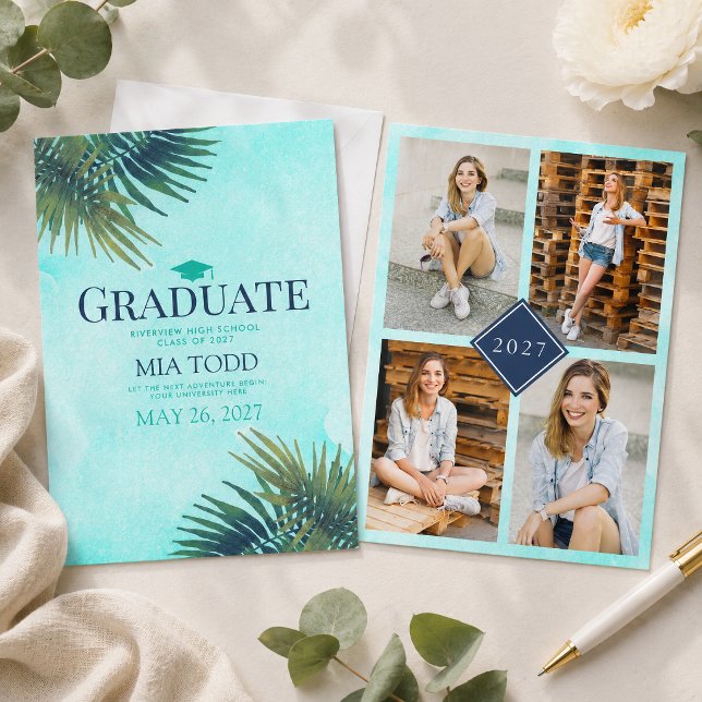 Anúncio de Formatura Dourado e Azul Esverdeado com (Announce your milestone achievement in true style with this Chic Palm Frond Gold and Teal Graduation)