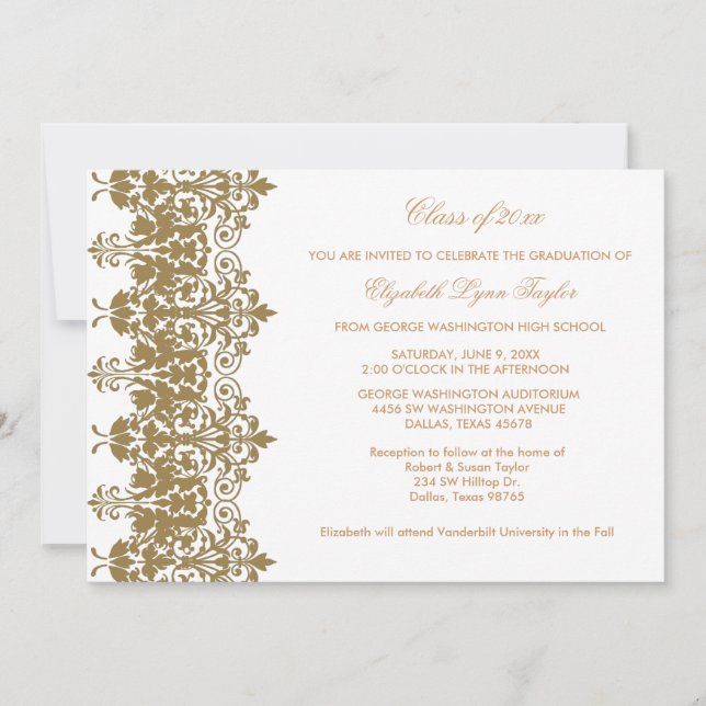 Anúncio de Formatura em Damasco Dourado e Branco (Frente)