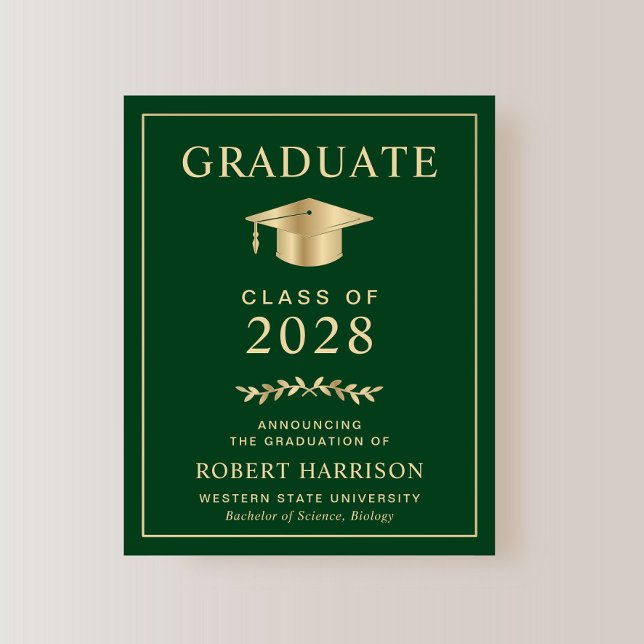 Anúncio de Formatura Faculdade Budget Verde Dourad (An elegant college graduation announcement to celebrate the graduate's achievements)