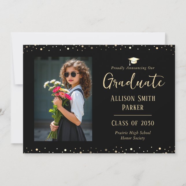 Anúncio de Formatura Foto Preto e Dourado (Frente)