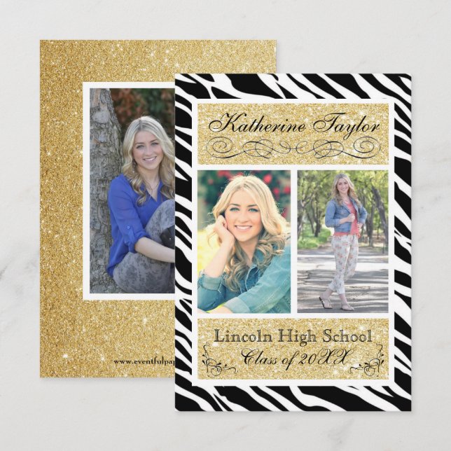 Anúncio de Formatura Gold Glitter Zebra 3x5 (Frente/Verso)
