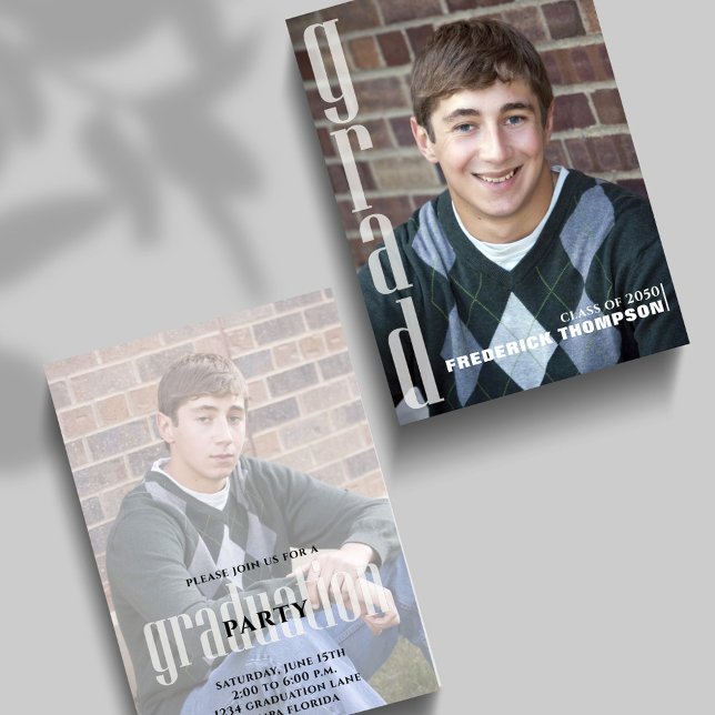 Anúncio de Formatura Mínimo com Duas Fotos (Vertical graduation announcement card with senior portrait and modern grad typography.)