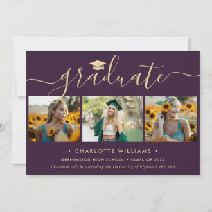 Anúncio de Formatura Moderno Roxo Dourado 4 Fotos