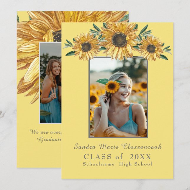 Anúncio de formatura Sunflowers foto Moderno Rústi (Frente/Verso)