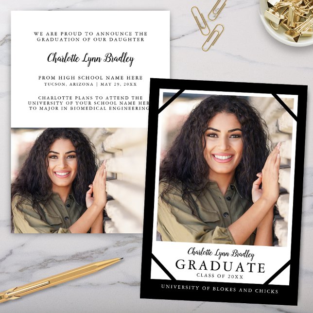 Anúncio de Formatura Único Preto e Branco (modern trendy 2 photo graduation announcement with simple modern minimalist design)