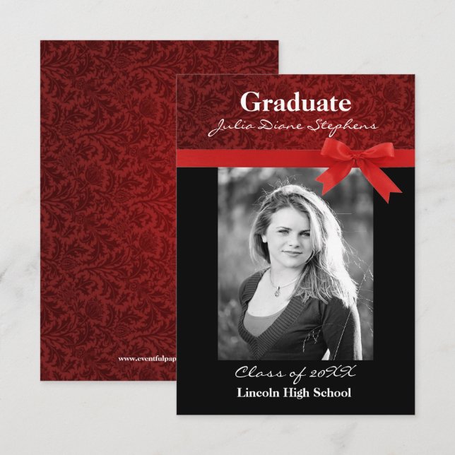 Anúncio de Formatura Vermelho Damask & Laço Vermel (Frente/Verso)
