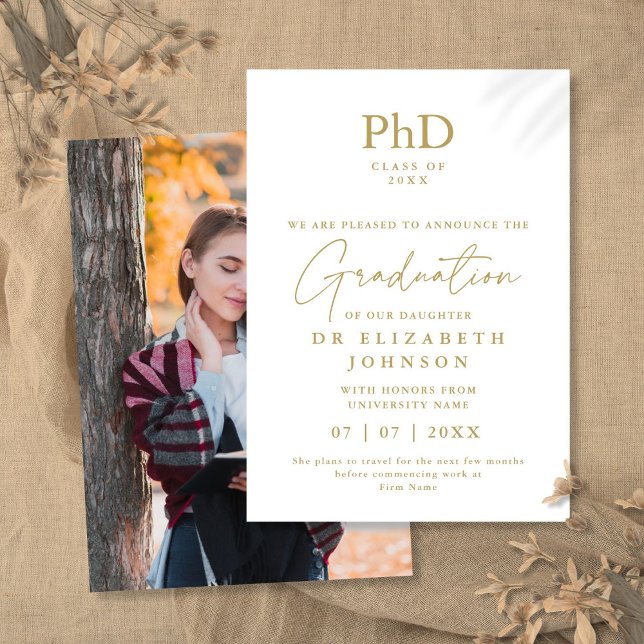 Anúncio de Foto de Diploma de Doutorado Elegante D (Gold Elegant PhD Degree Photo Announcement)
