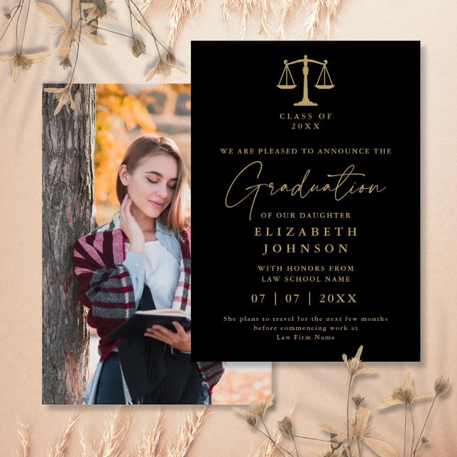 Anúncio de Foto de Graduação em Direito Preto e Do (Black And Gold Law Graduation Photo Announcement)