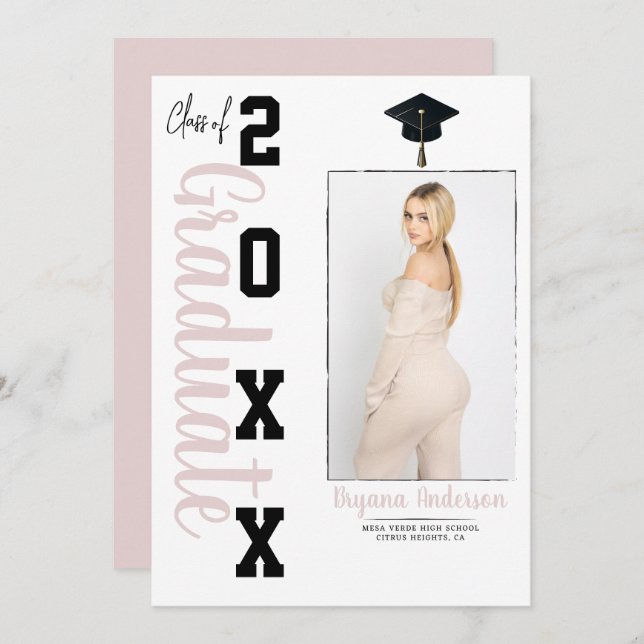 Anúncio de Foto de Graduação em Preto Tendy Pink (Frente/Verso)