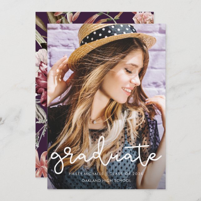 Anúncio de Foto de Graduação Floral bonito Púrpura (Frente/Verso)
