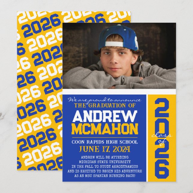 Anúncio de Foto de Graduação Moderna Azul e Dourad (Frente/Verso)