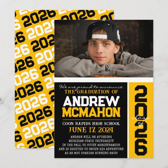 Anúncio de Foto de Graduação Moderna Preta e Doura (Frente/Verso)